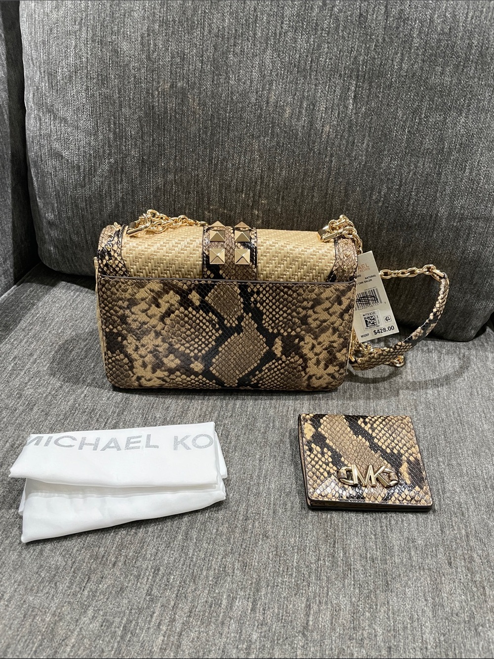 Michael Kors Large Soho Chain Shoulder Bag Rattan Straw/Snake, Wallet Set NWT - Picture 6 of 15
